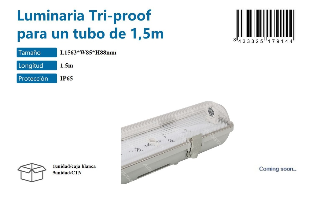 Luminaria Tri-Proof para un Tubo de 1.5m IP65 - Iluminación y Tubos de Luz