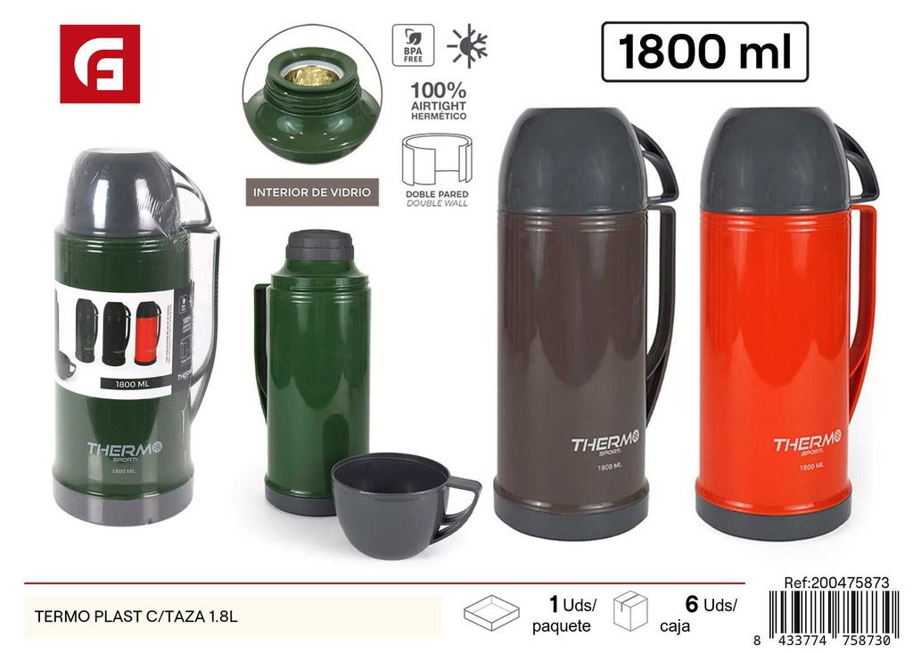 Thermo plástico con taza 1.8L - Botella térmica presión