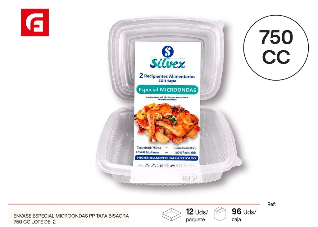 Recipientes desechables L.2 con tapa para microondas 750cc - Envases de comida