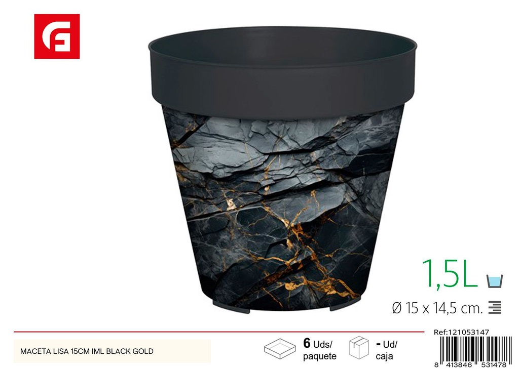 Maceta lisa IML 15 cm diseño negro y dorado - Jardinería y decoración del hogar