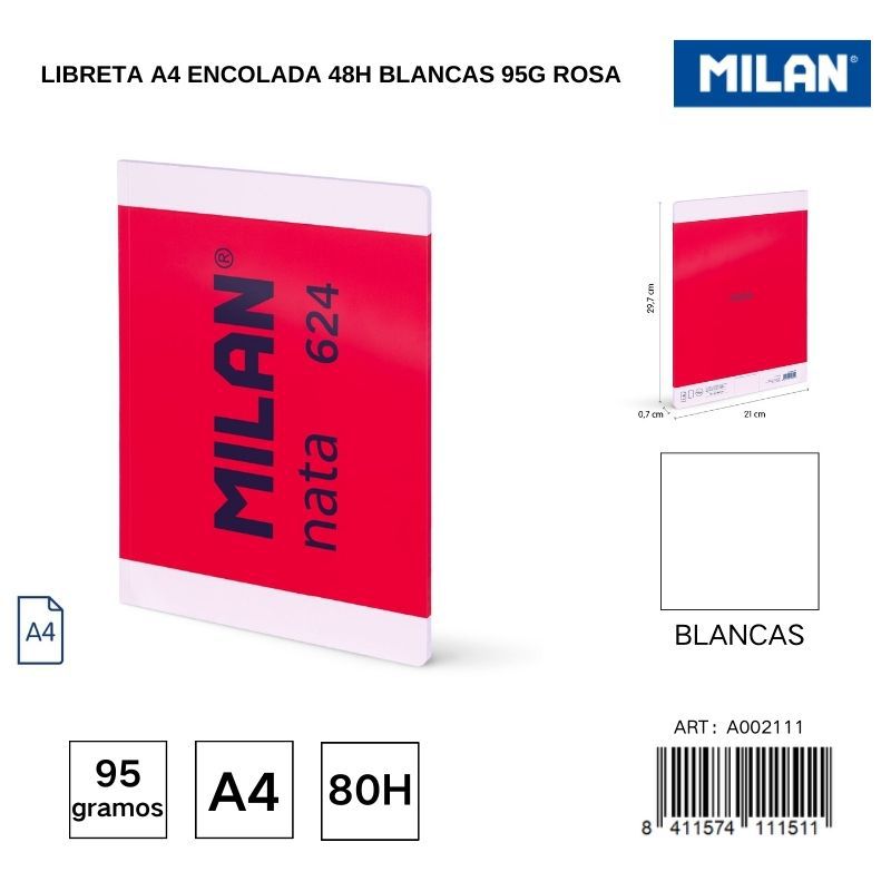 Libreta A4 encolada 48h blancas 95g color rosa - Artículos de papelería y cuadernos