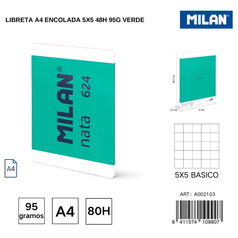 Libreta A4 encolada 5x5 48h 95g color verde - Artículos de papelería y cuadernos