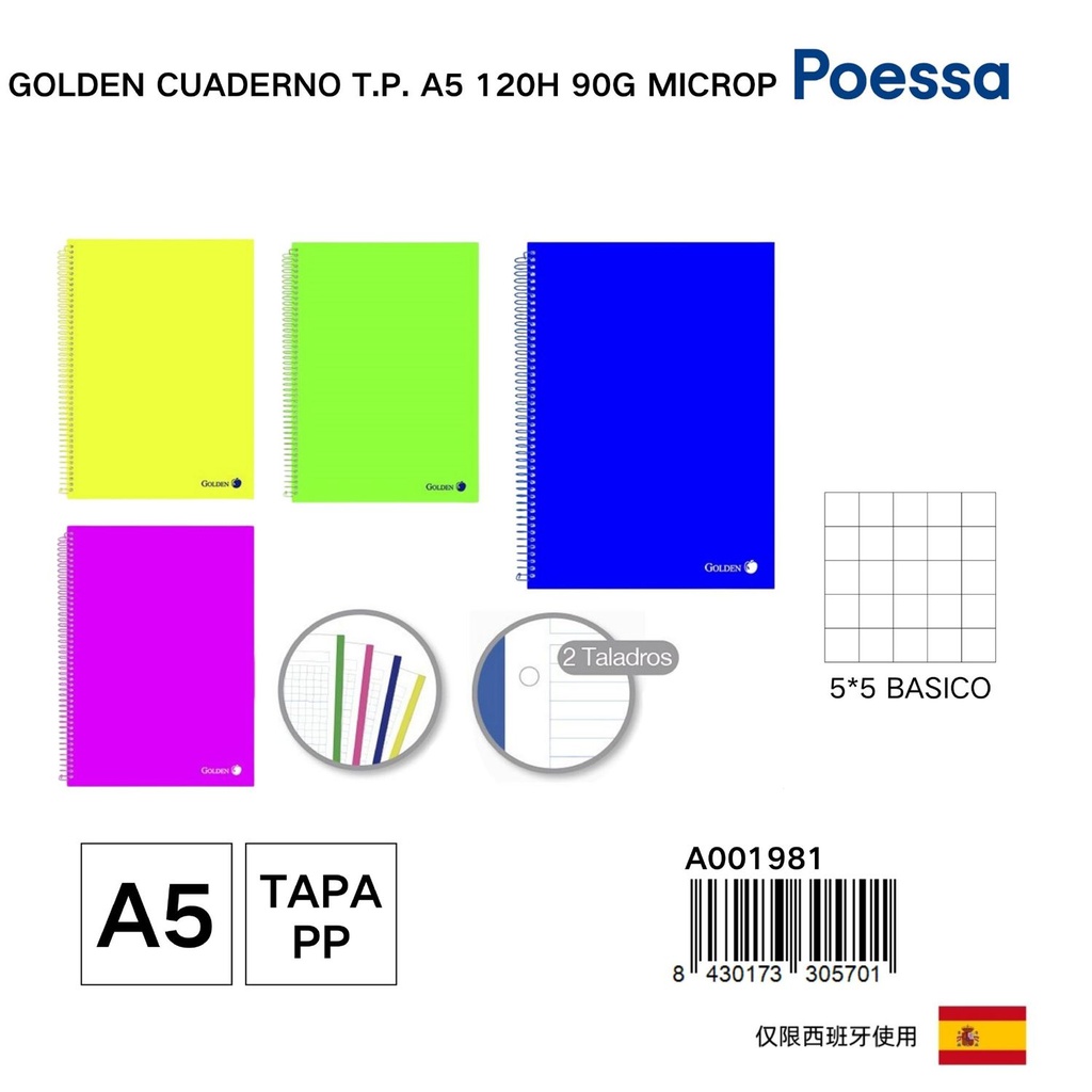 Cuaderno T.P. A5 120 hojas 90g microp. con cubierta de plástico - Cuadernos escolares y de oficina