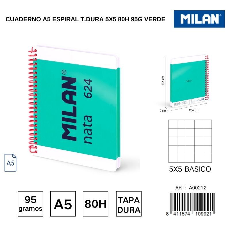 Cuaderno A5 espiral T.Dura 5x5 80h 95g verde - Cuadernos escolares y de oficina