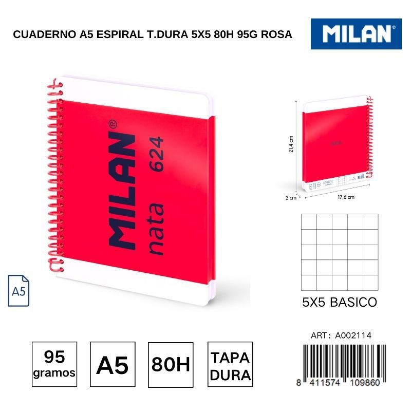 Cuaderno A5 espiral T.Dura 5x5 80h 95g rosa - Cuadernos escolares y de oficina