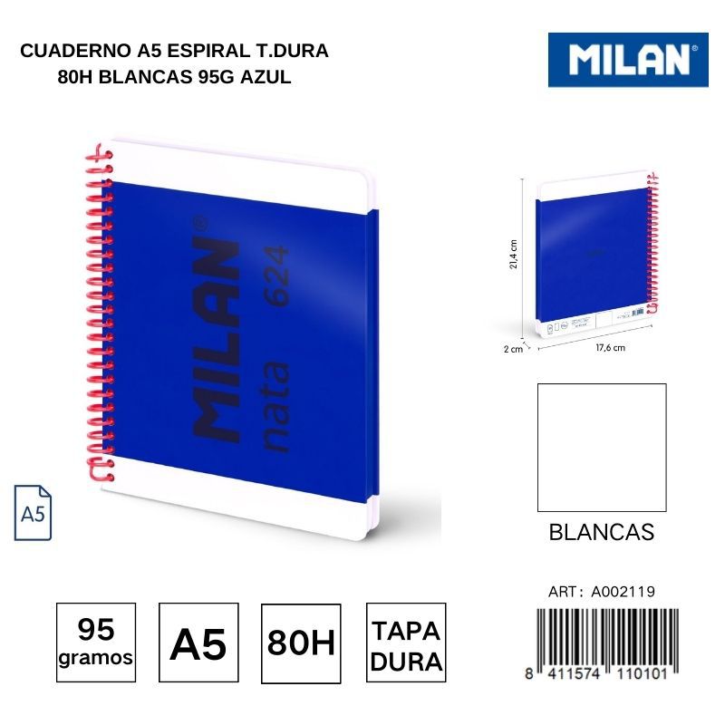 Cuaderno A5 espiral T.Dura 80h blancas 95g azul - Cuadernos escolares y de oficina