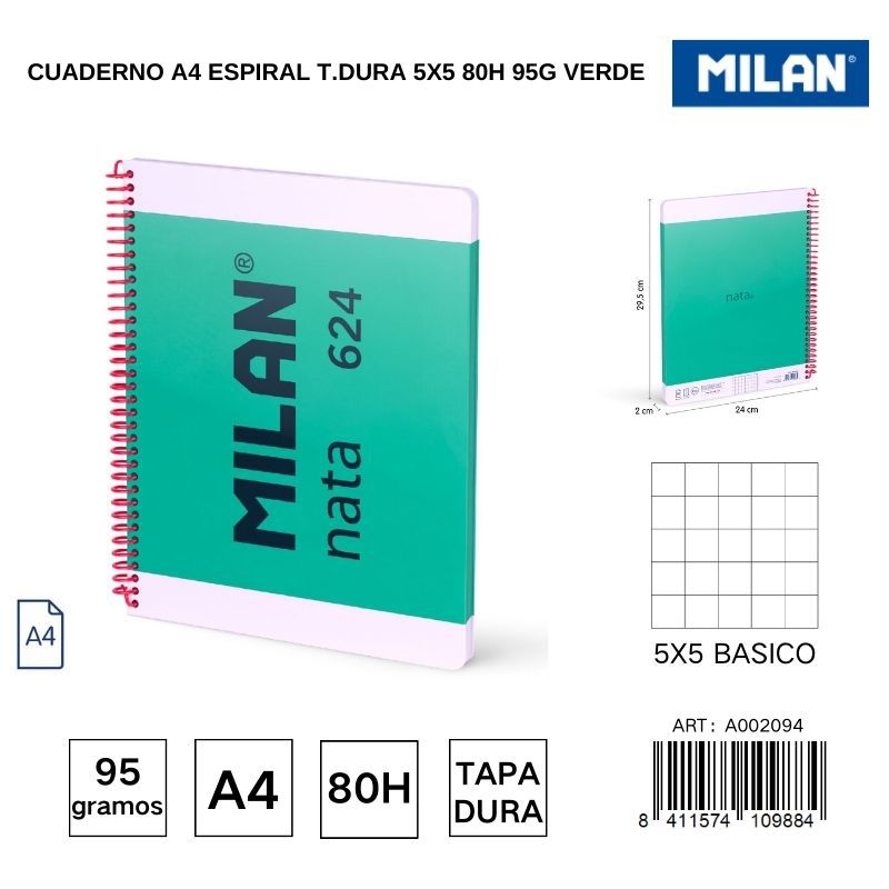 Cuaderno A4 espiral T.Dura 5x5 80h 95g verde - Cuadernos escolares y de oficina