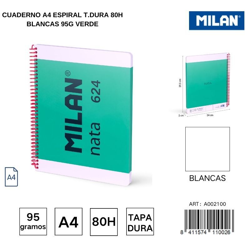 Cuaderno A4 espiral T.Dura 80h blancas 95g verde - Cuadernos escolares y de oficina