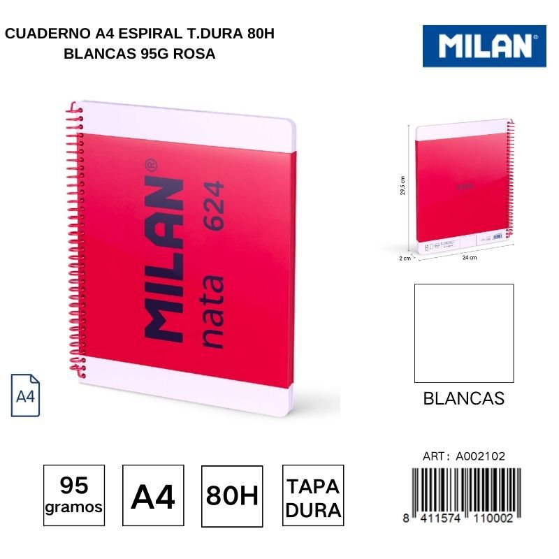 Cuaderno A4 espiral T.Dura 80h blancas 95g rosa - Cuadernos escolares y de oficina
