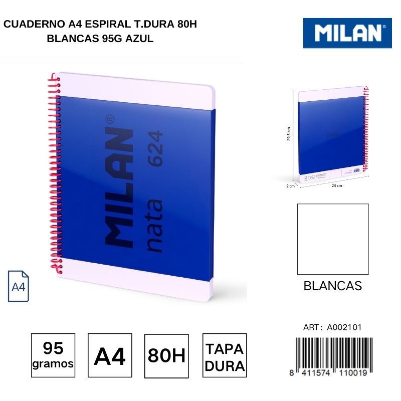 Cuaderno A4 espiral T.Dura 80h blancas 95g azul - Cuadernos escolares y de oficina