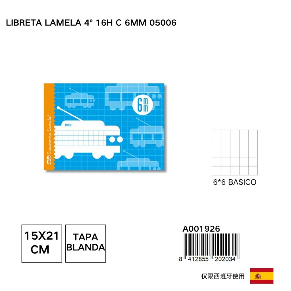 Libreta Lamela 4º 16 hojas con cuadrícula 6mm - Papelería básica