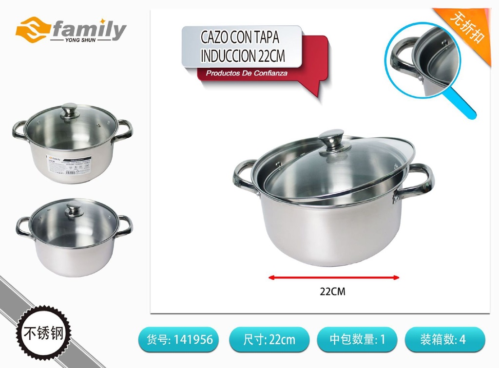 Cazuela con tapa inducción 22 cm - Utensilios de cocina