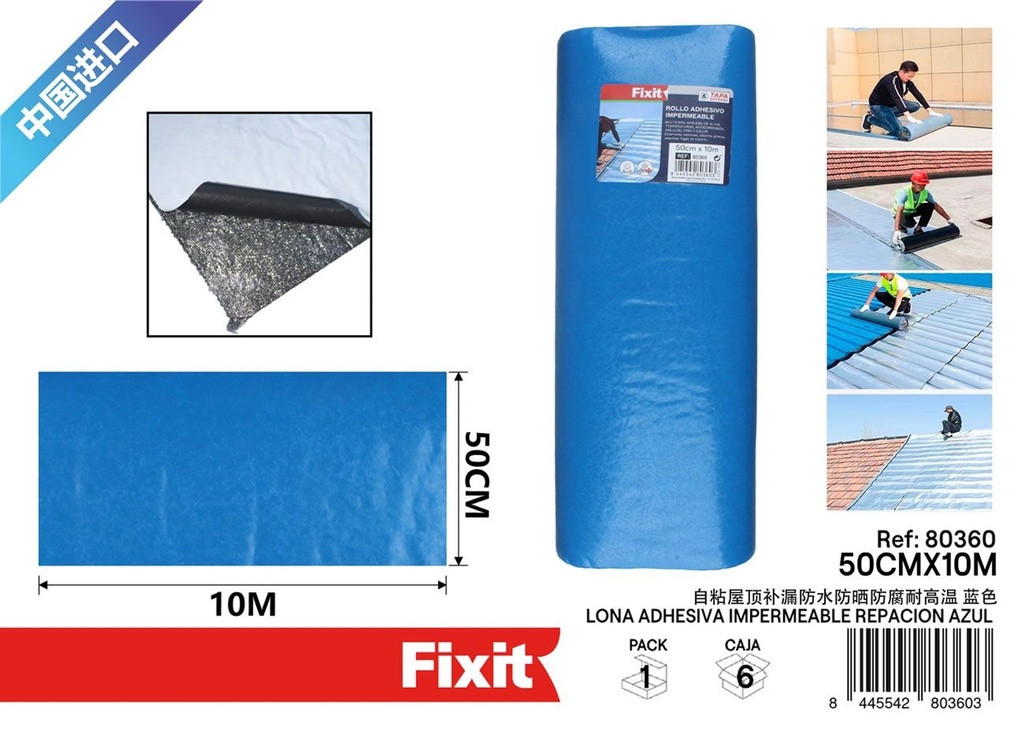 Lona adhesiva impermeable reparadora azul 50cmx10m - Cinta de reparación de lonas