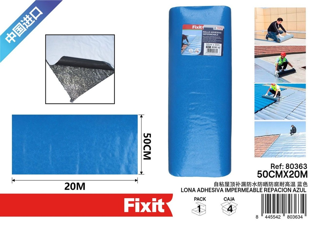 Lona adhesiva impermeable reparadora azul 50cmx20m - Cinta de reparación de lonas