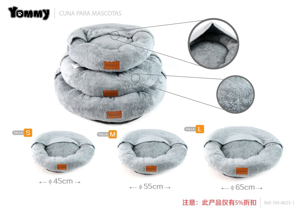 Cuna redonda de mascota con manta gris - Productos para mascotas, 3 piezas