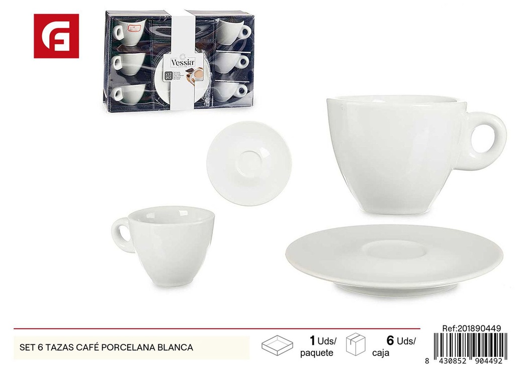 Set de 6 tazas de café de porcelana blanca - Juego de café y menaje del hogar