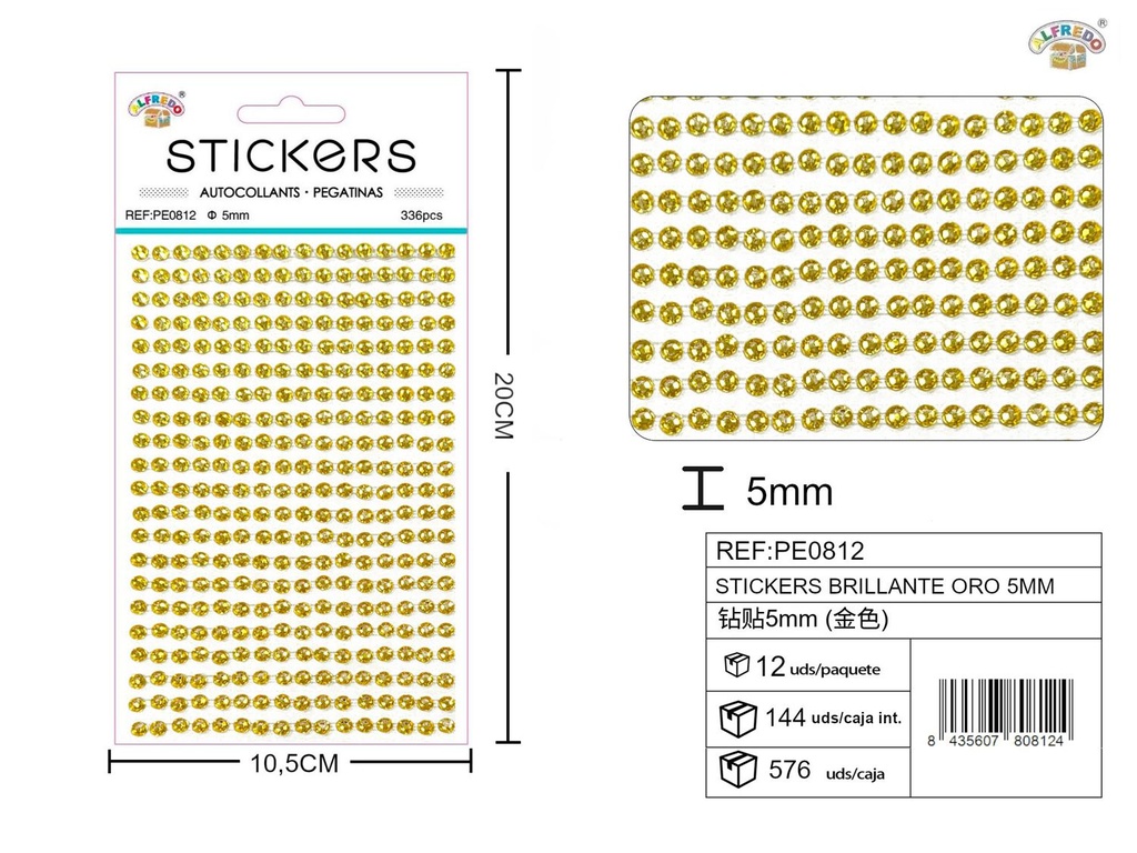 Sticker brillante oro 5 mm 10,5x20 cm - Pegatinas decorativas de diamantes y perlas