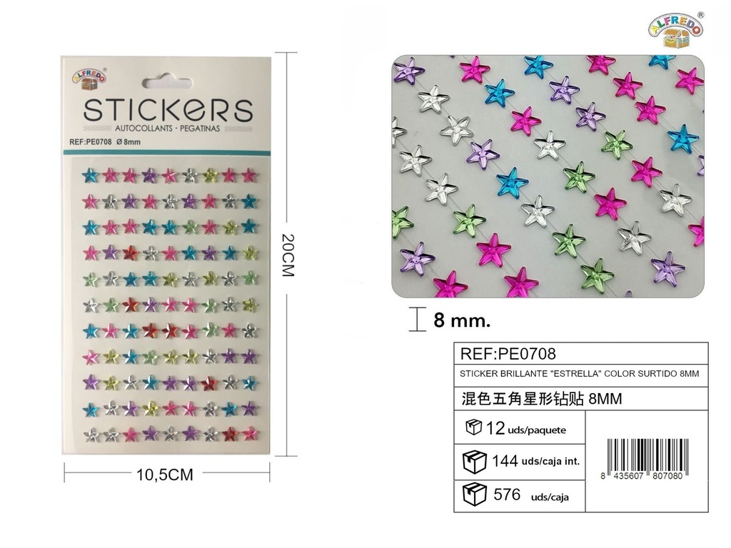 Sticker brillante “estrella” color surtido 8 mm 10,5x20 cm - Pegatinas decorativas de diamantes y perlas