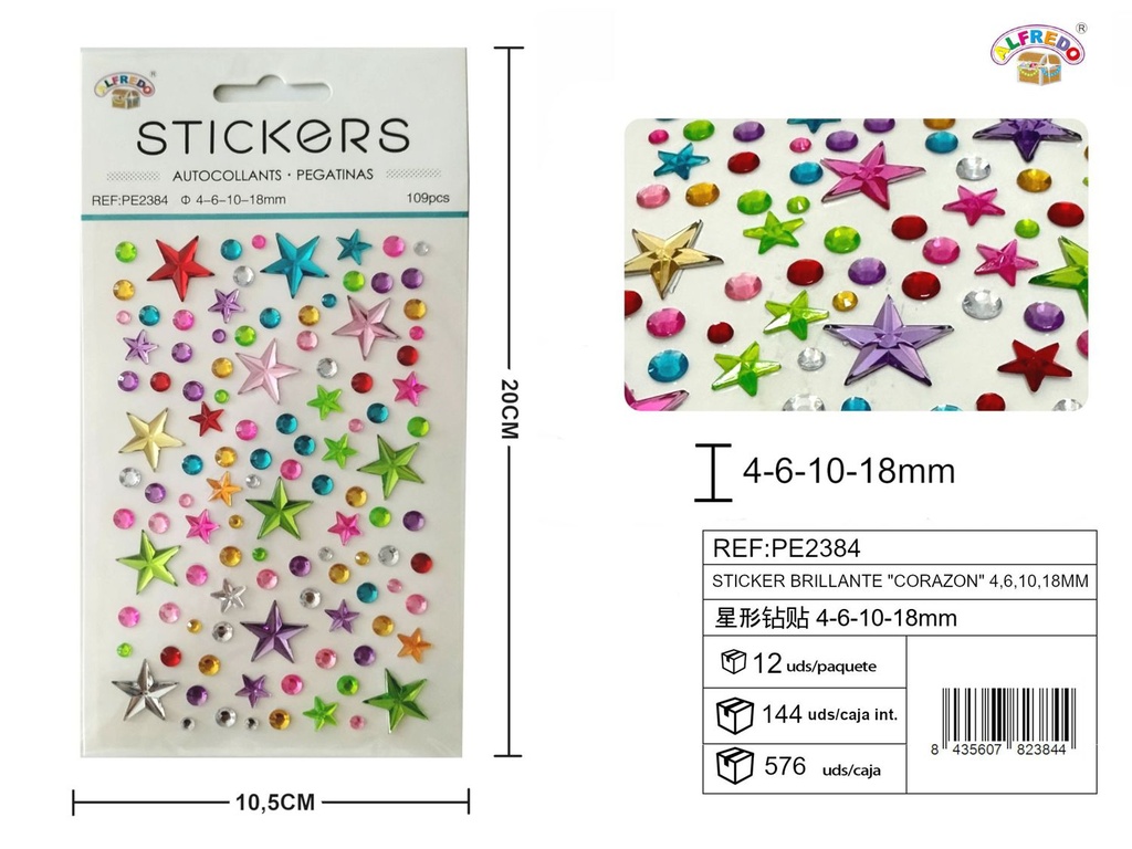 Sticker brillante “estrella” 4,6,10,18 mm - 109 piezas 10,5x20 cm - Pegatinas decorativas de diamantes y perlas