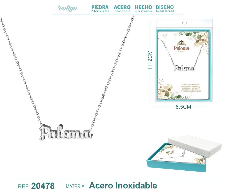 Collar personalizado nombre Paloma en acero plateado - Joyería y accesorios