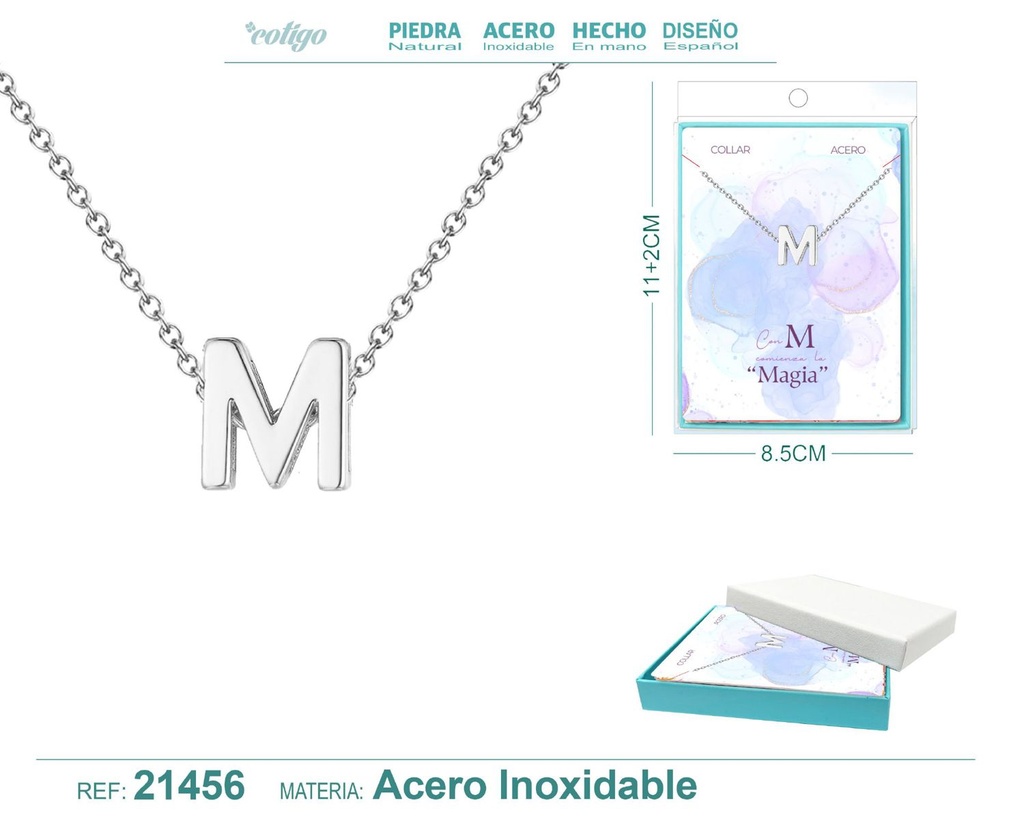 Collar letra M en acero plateado - Joyería y accesorios