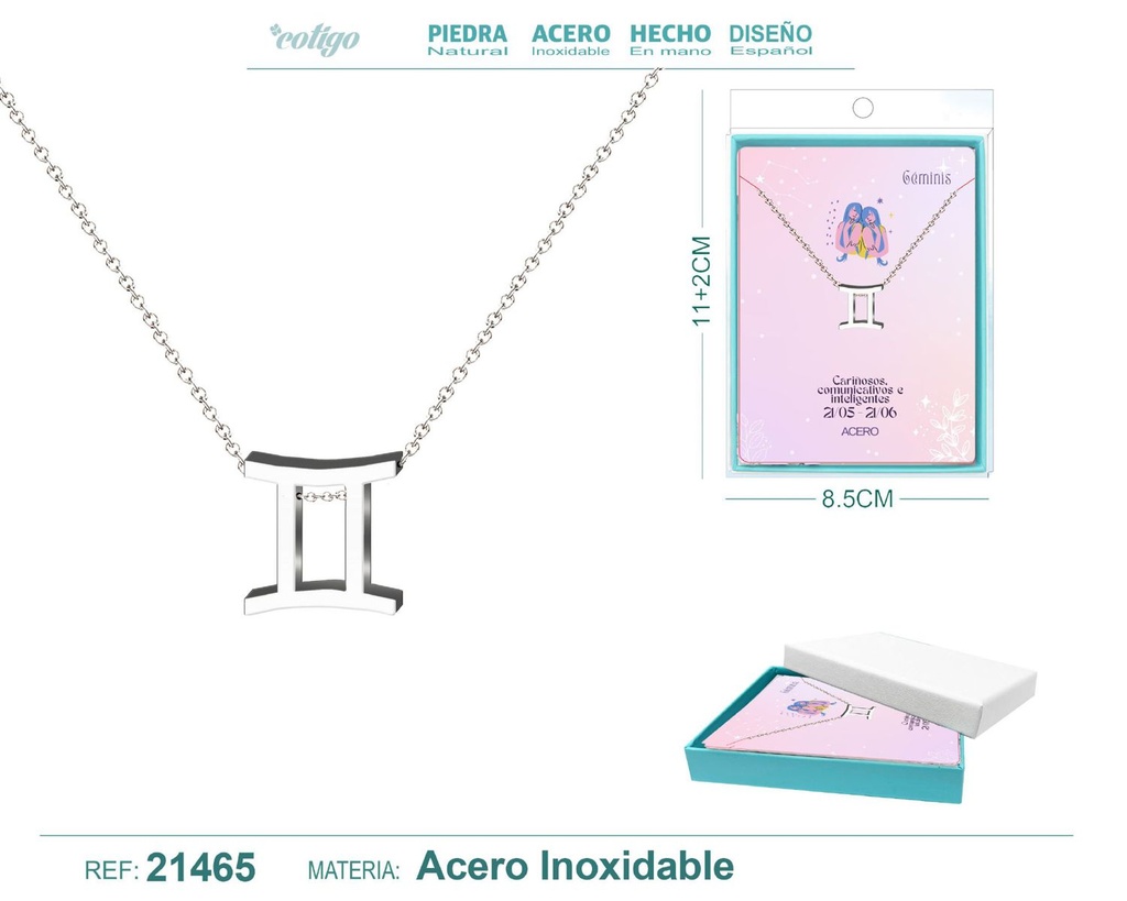 Collar Zodíaco Géminis en acero plateado - Joyería zodiacal