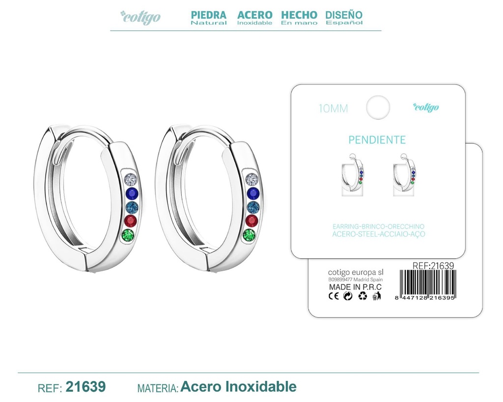 Aro de acero plateado 10 mm con circonita de colores - Joyería de aro