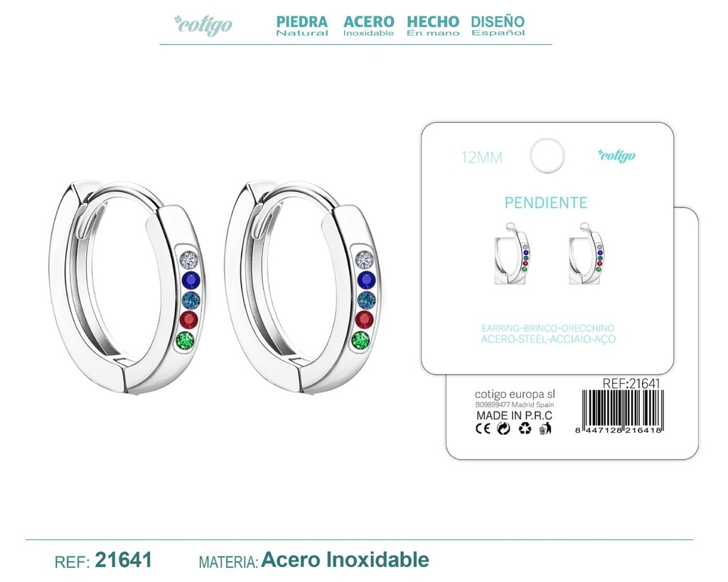 Aro de acero plateado 12 mm con circonita de colores - Joyería de aro