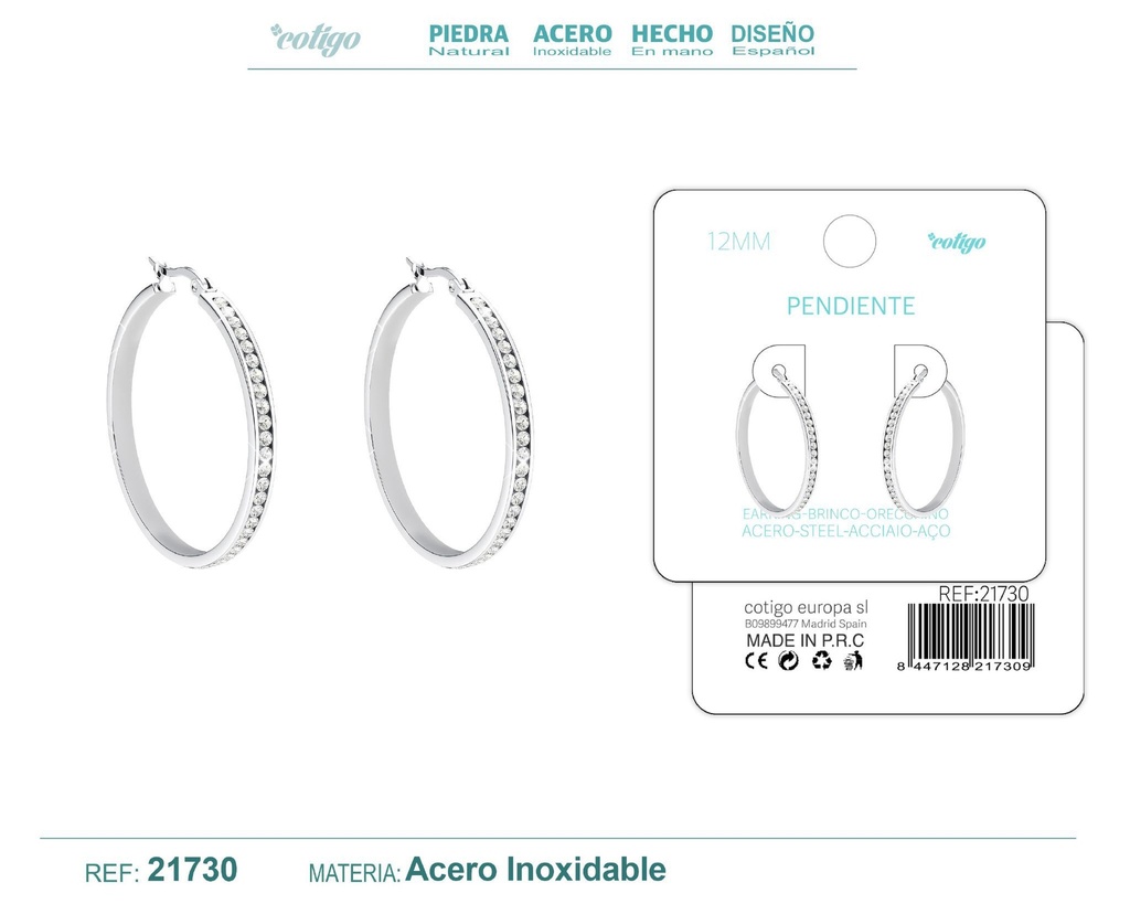 Aro de acero plateado de 12 mm con circonita transparente - Joyería elegante y accesorios