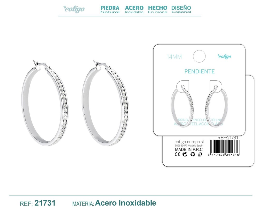 Aro de acero plateado de 14 mm con circonita transparente - Joyas y accesorios
