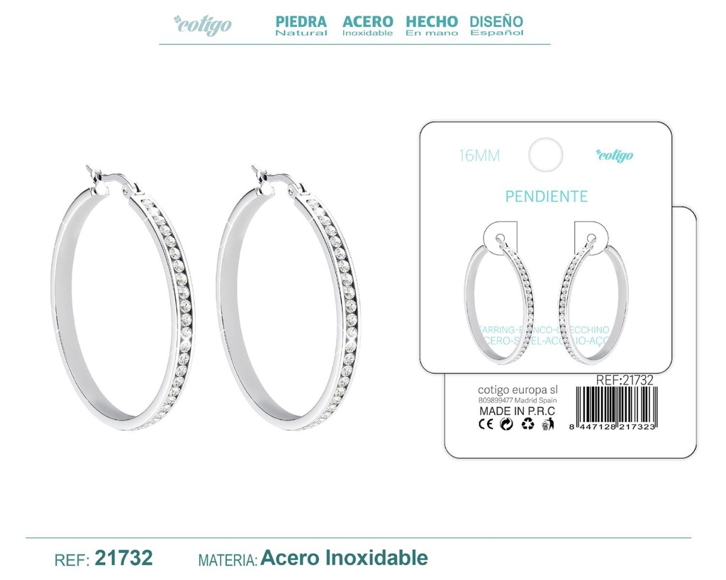 Aro de acero plateado de 16 mm con circonita transparente - Joyas y accesorios