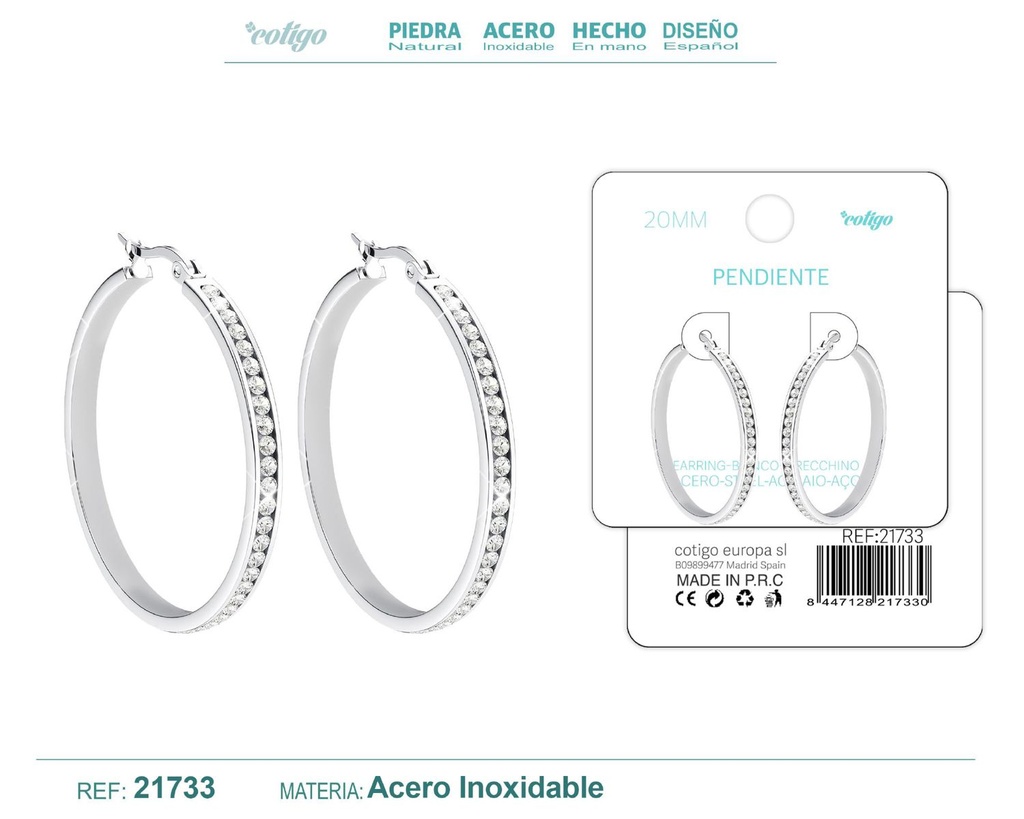 Aro de acero plateado de 20 mm con circonita transparente - Joyas y accesorios