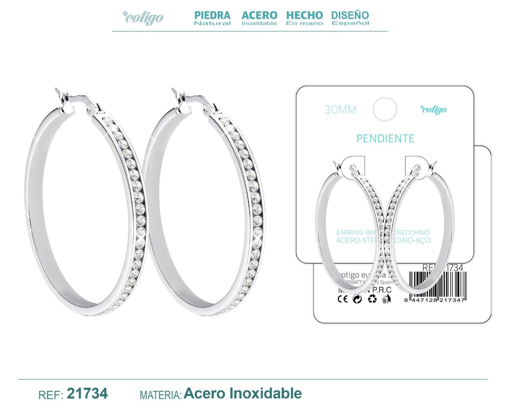Aro de acero plateado de 30 mm con circonita transparente - Joyas y accesorios
