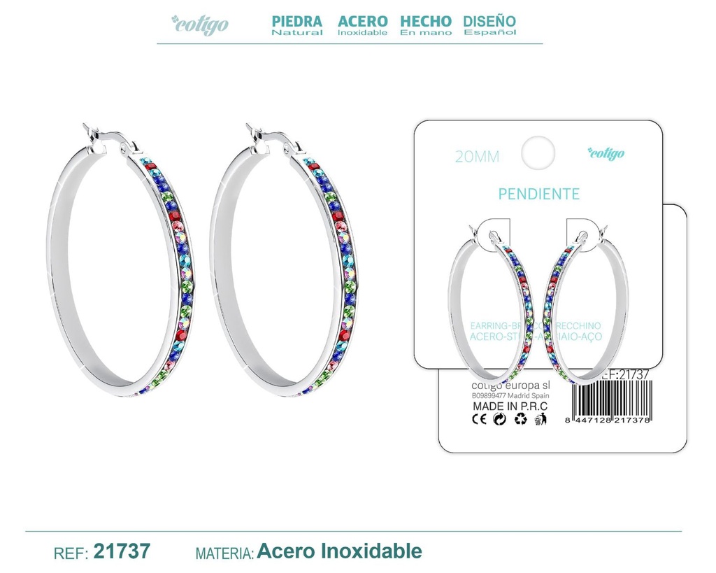 Aro de acero plateado de 20 mm con circonita de colores - Joyas y accesorios