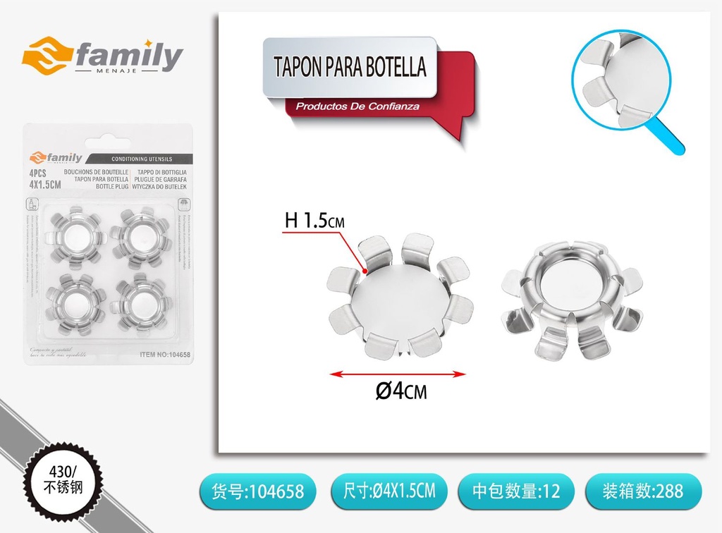 Tapón de botella de acero inoxidable 4 pcs 4x2.5x1.5 cm - Utensilios de cocina