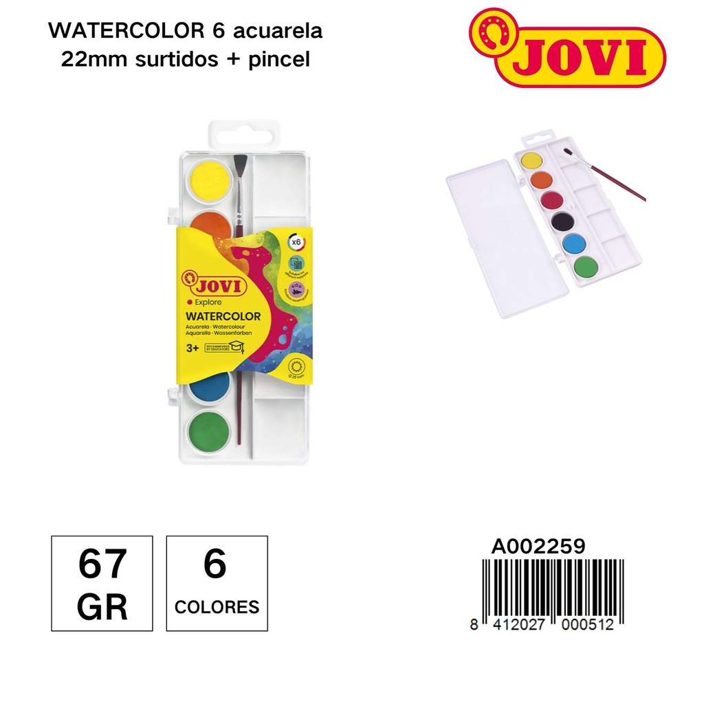 Acuarelas JOVI 6 colores + pincel - Material de manualidades