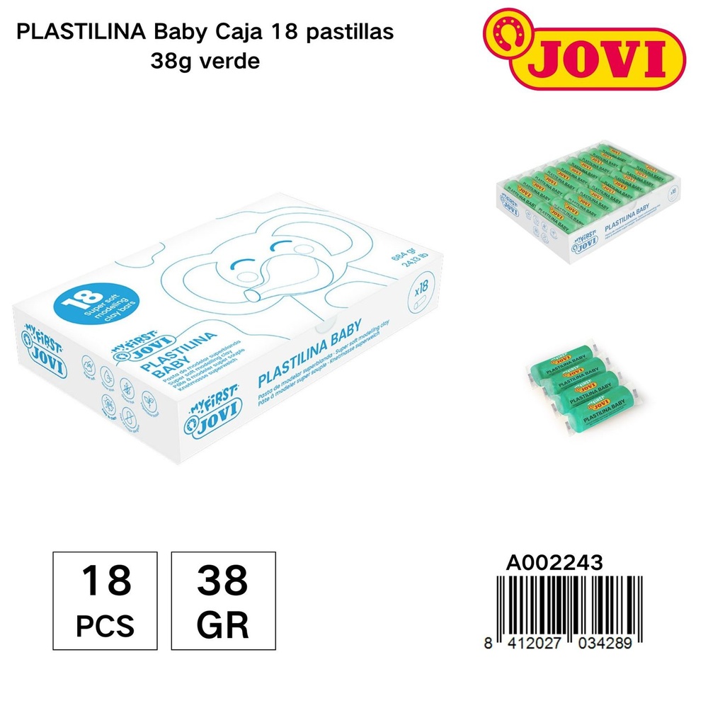 Plastilina JOVI para niños caja de 18 pastillas de 38g color verde - Plastilina educativa para manualidades