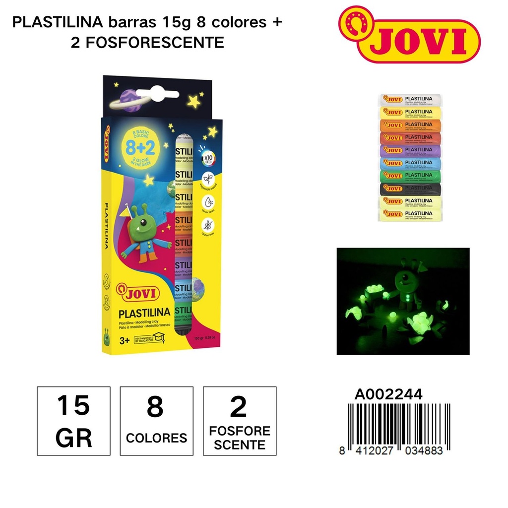 Plastilina JOVI 10 colores (8 normales + 2 fosforescentes) 15g - Artículos de arte y manualidades