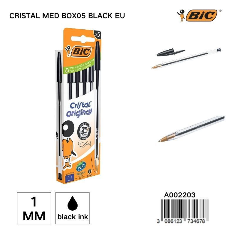 Bolígrafo BIC Crystal Med 1MM - Caja de 5 unidades negras