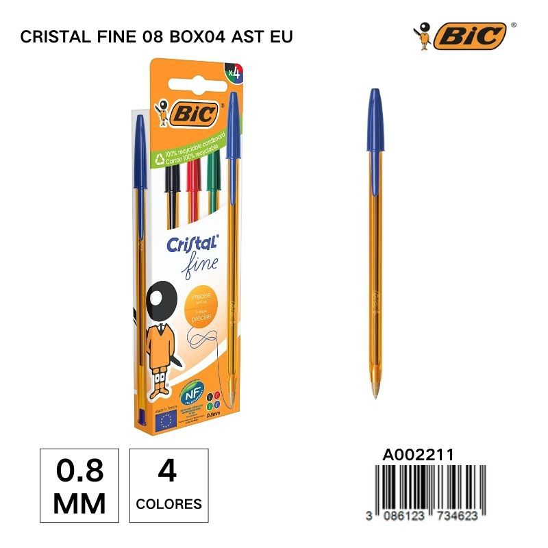 Bolígrafo BIC Crystal Fine 0.8MM - Caja de 4 unidades