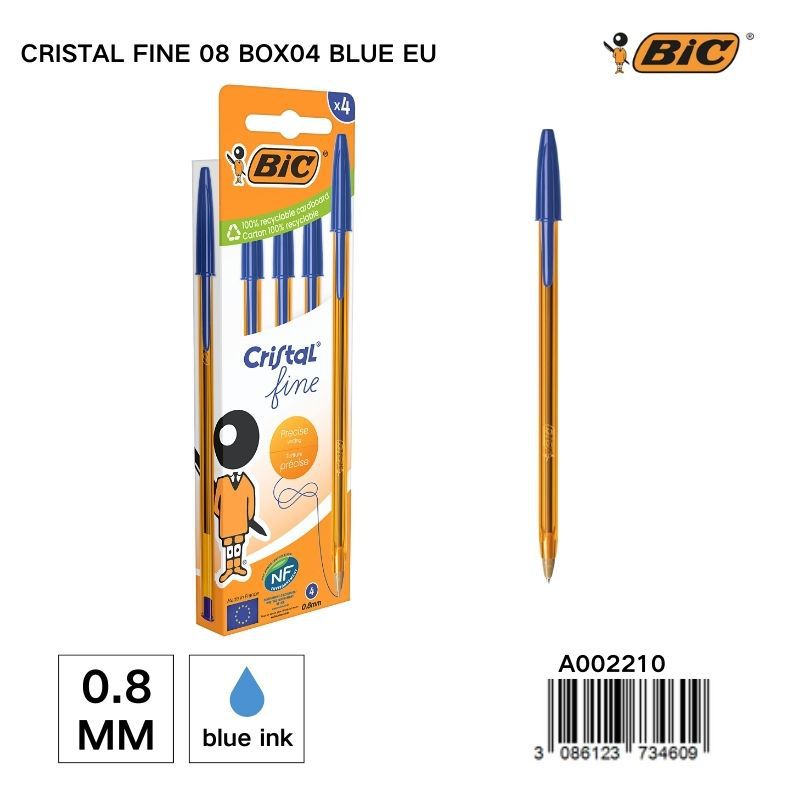 Bolígrafo BIC Crystal Fine 0.8MM - Caja de 4 unidades azul