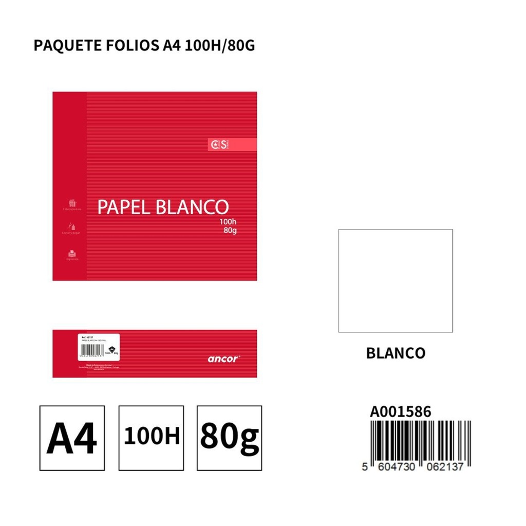 Papel A4 blanco 100 hojas 80G - Paquete de folios para impresoras