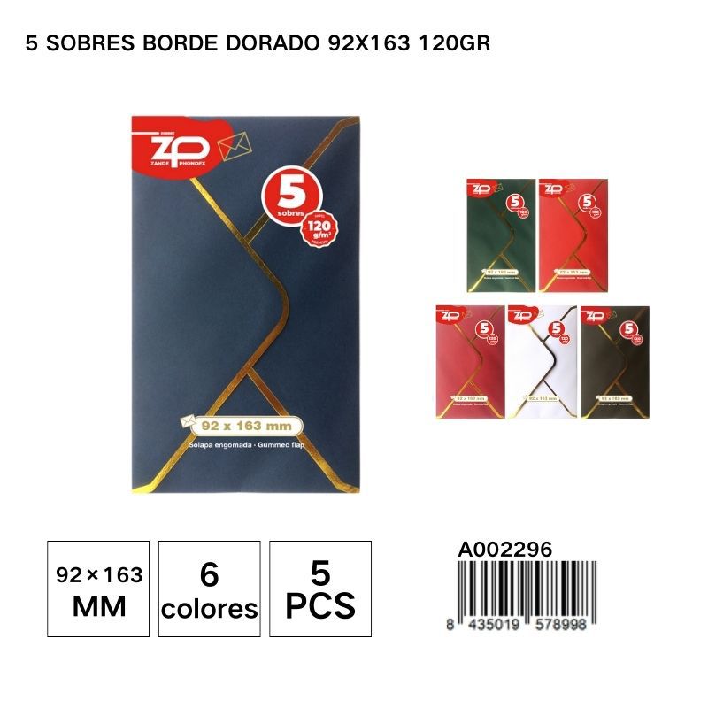 5 sobres con borde dorado (92x163 mm, 120 g) - Sobres y material de oficina
