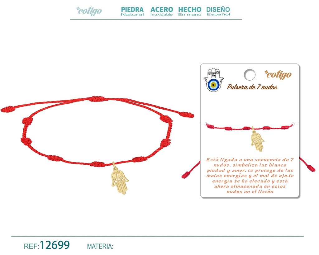 Pulsera de 7 nudos con mano de Fátima en acero dorado - Joyería y accesorios