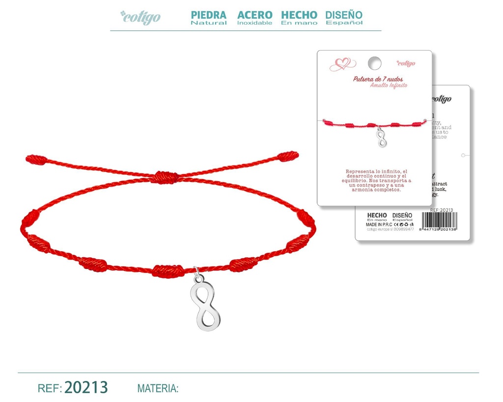 Pulsera de 7 nudos con símbolo infinito en acero plateado - Joyería de inspiración