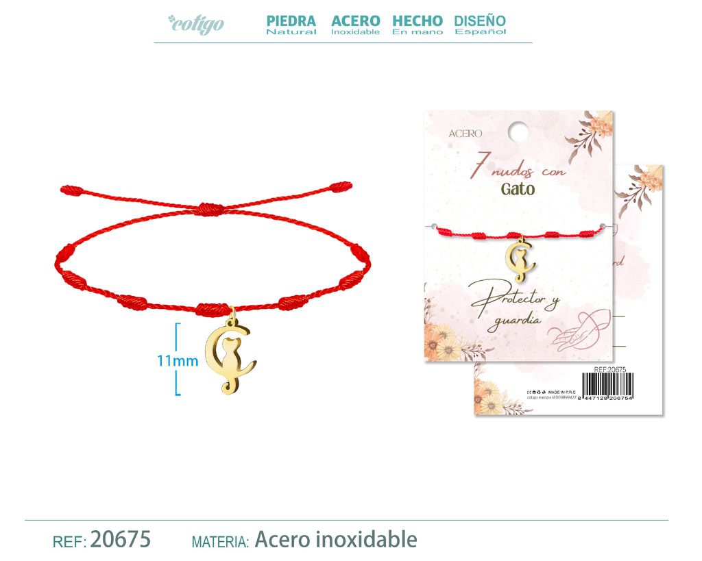 Pulsera de 7 nudos con gato color dorado - Joyería y simbolismo