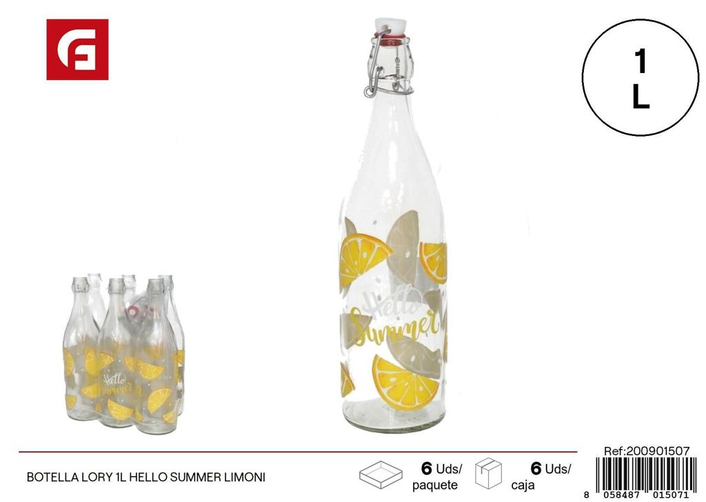 Botella de vidrio Lory Hello Summer 1L limón - Botellas decorativas y veraniegas