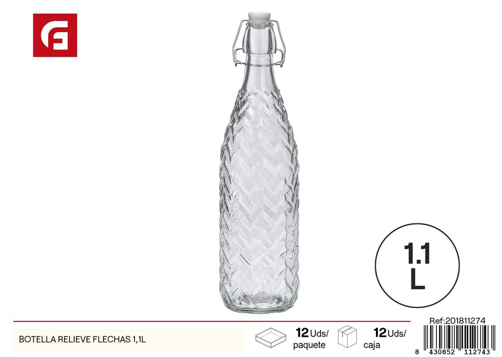 Botella de vidrio relieve flechas 1.1L - Envases de vidrio y almacenamiento