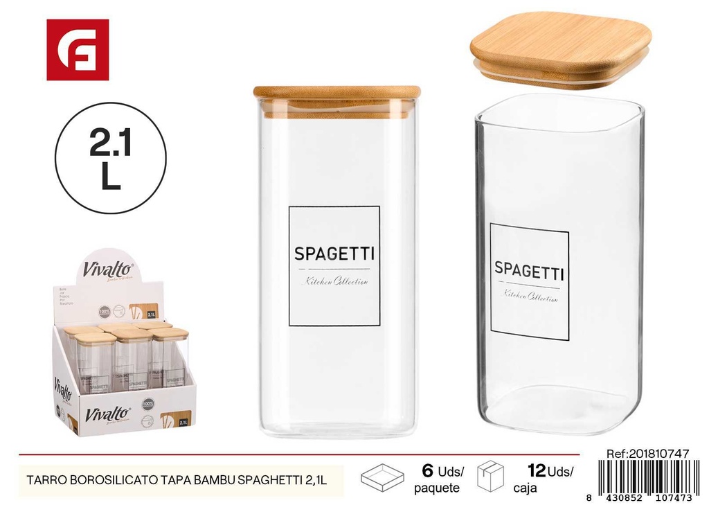 Tarro de borosilicato con tapa de bambú para espaguetis 2.1L - Botes y tarros de vidrio