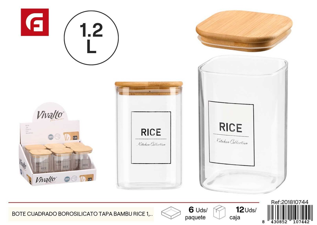 Bote cuadrado de borosilicato con tapa de bambú para arroz 1.2L - Botes y tarros de vidrio